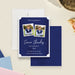 Personalized navy blue memorial card with two photos, name, message, and remembrance details-front-back