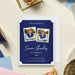 Personalized navy blue memorial card with two photos, name, message, and remembrance details-front
