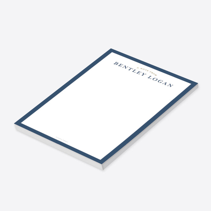 personalized navy blue notepad with custom name, classic border, elegant lettering, and blank writing space-side