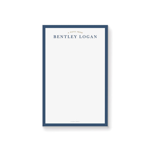 personalized navy blue notepad with custom name, classic border, elegant lettering, and blank writing space