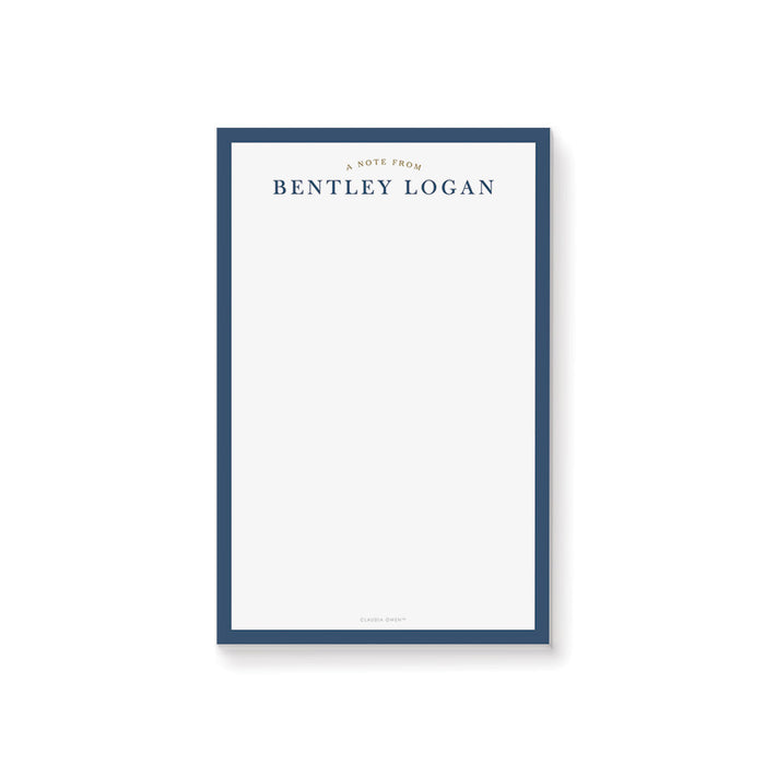 personalized navy blue notepad with custom name, classic border, elegant lettering, and blank writing space