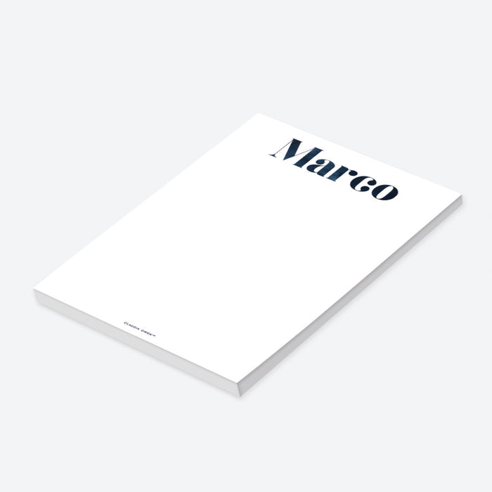 Personalized navy blue notepad for men with custom name lettering and a spacious white writing area for notes and lists-side