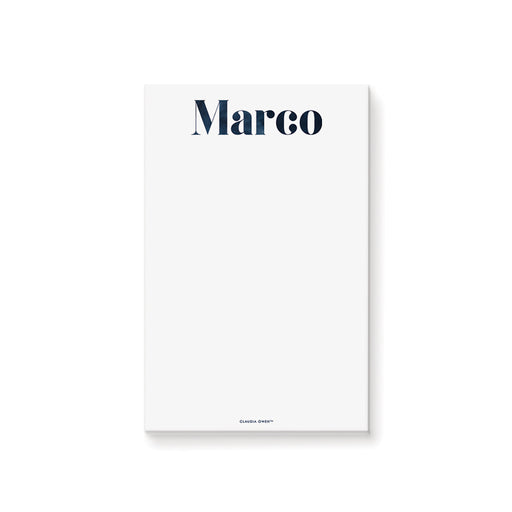 Personalized navy blue notepad for men with custom name lettering and a spacious white writing area for notes and lists