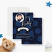 Personalized navy blue polka dot baby boy photo birth announcement with circular newborn photo, name, birth date, weight, length and family names-front-back