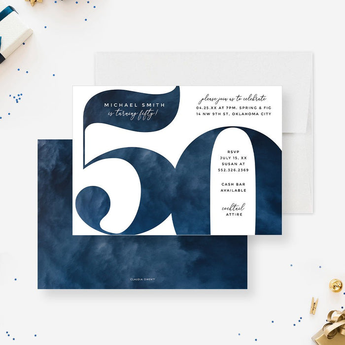 Personalized navy blue watercolor 50th birthday invitation for men with oversized number 50, custom name, party details and cocktail attire wording-front-back