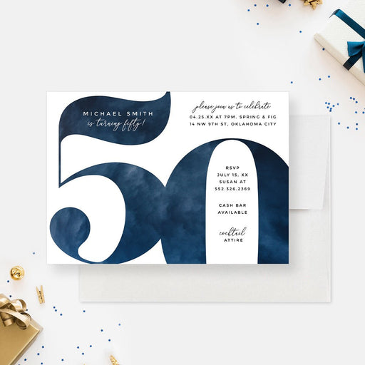 Personalized navy blue watercolor 50th birthday invitation for men with oversized number 50, custom name, party details and cocktail attire wording-front