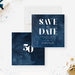 Personalized navy blue watercolor 50th birthday save the date card for men with custom name, age, party date and invitation to follow wording-front-back