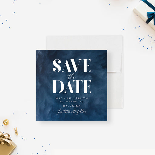 Personalized navy blue watercolor 50th birthday save the date card for men with custom name, age, party date and invitation to follow wording-front