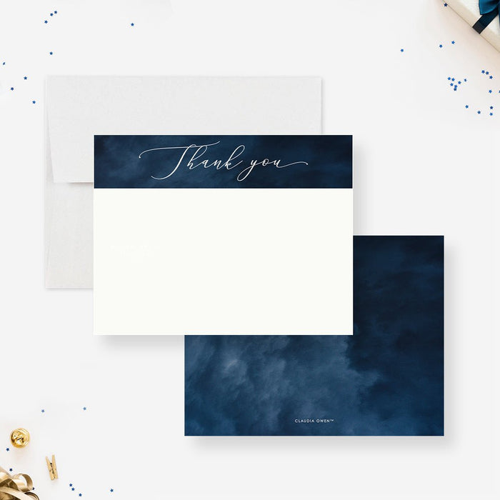 Personalized navy blue watercolor 50th birthday thank you card with elegant white Thank You script and space for a handwritten message-front-back