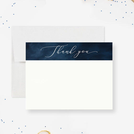 Personalized navy blue watercolor 50th birthday thank you card with elegant white Thank You script and space for a handwritten message-front