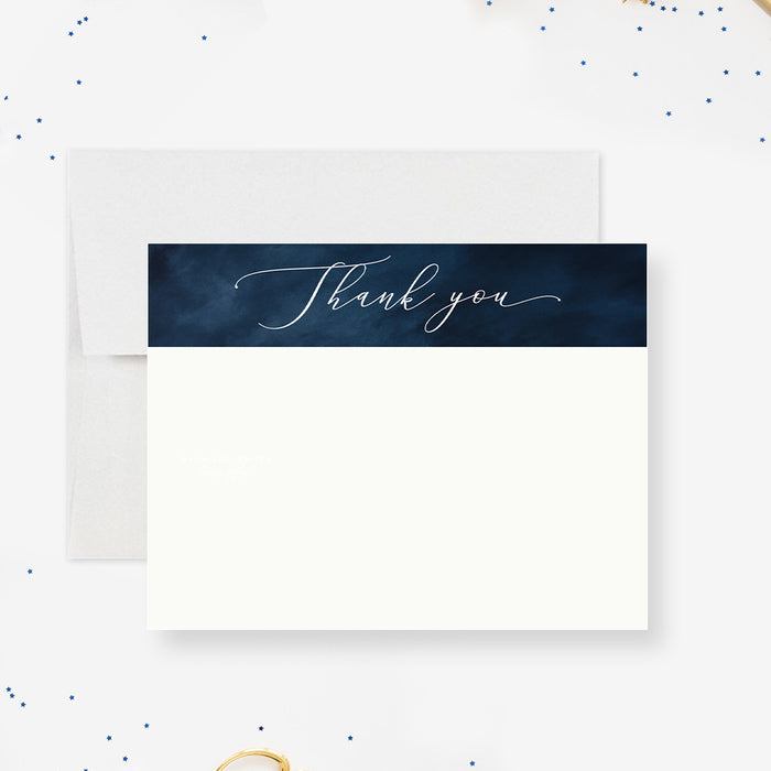 Personalized navy blue watercolor 50th birthday thank you card with elegant white Thank You script and space for a handwritten message-front