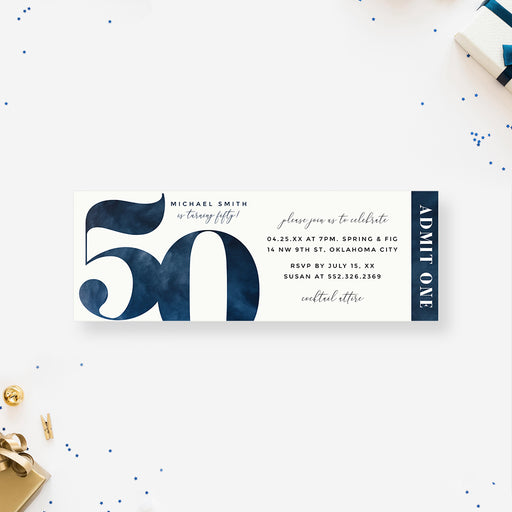 Personalized navy blue watercolor 50th birthday ticket invitation for men with custom name, party details and vertical Admit One wording