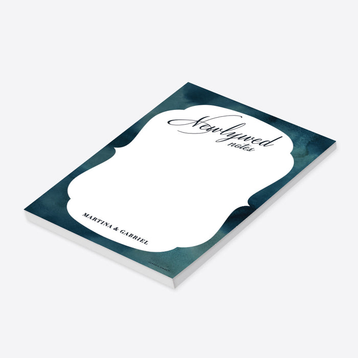 Personalized newlywed notepad with navy teal watercolor background, elegant script, and couple names-side