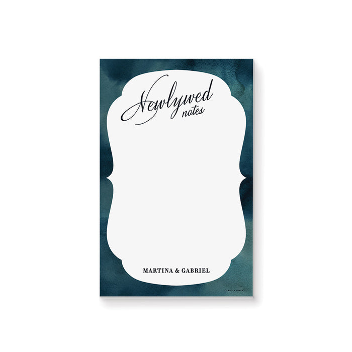 Personalized newlywed notepad with navy teal watercolor background, elegant script, and couple names
