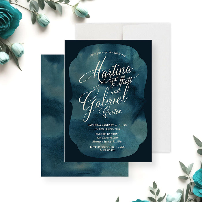 Personalized navy blue watercolor wedding invitation with elegant script names, wedding date, venue, and RSVP details-front-back