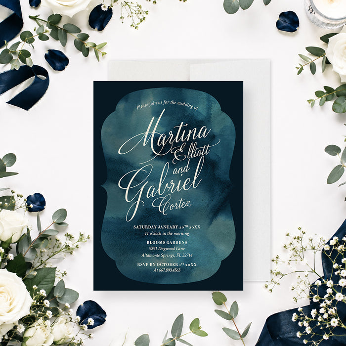 Personalized navy blue watercolor wedding invitation with elegant script names, wedding date, venue, and RSVP details-front