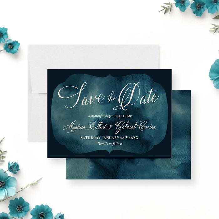 Personalized navy blue watercolor save the date card with elegant white script, couple’s names, wedding date, and details to follow-front-back