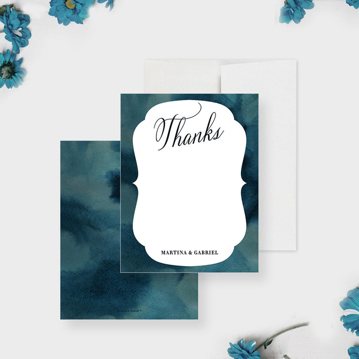 Personalized navy blue and teal watercolor wedding thank you card with white writing area and couple names-front-back