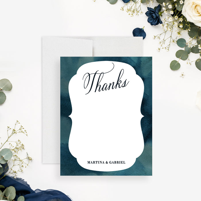 Personalized navy blue and teal watercolor wedding thank you card with white writing area and couple names-front