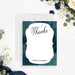 Personalized navy blue and teal watercolor wedding thank you card with white writing area and couple names-front