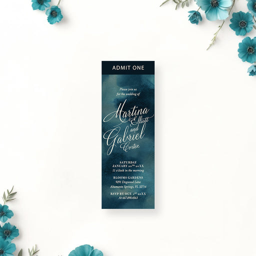 Personalized navy watercolor wedding ticket invitation with couple names, wedding details, and Admit One header