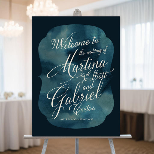 Personalized navy blue and teal watercolor wedding welcome sign with couple names and wedding date