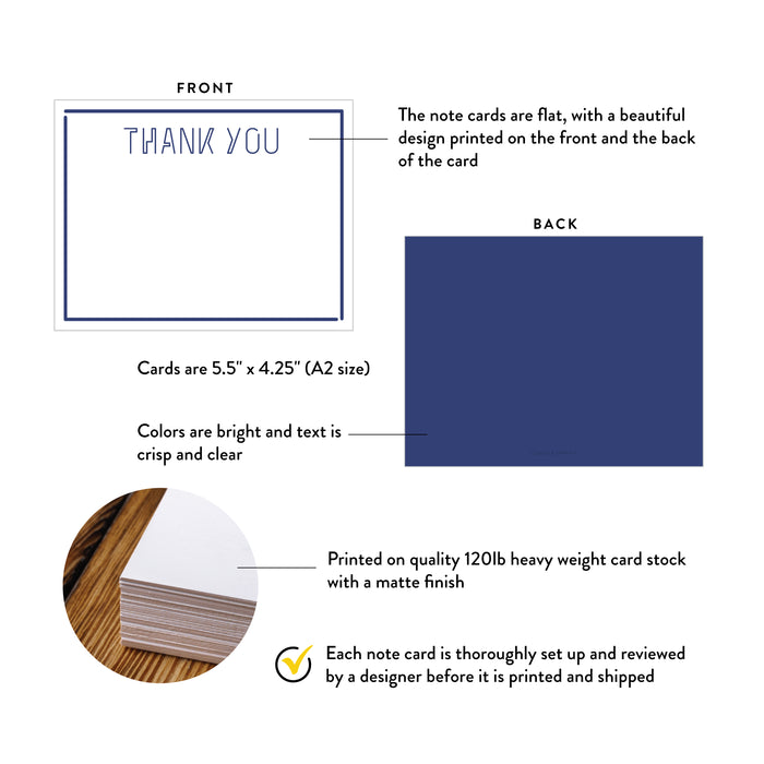 Front and back of personalized navy border thank you cards showing A2 dimensions and matte cardstock details.
