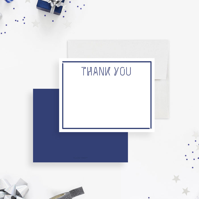 Personalized thank you cards with a navy border around the white writing front and a solid navy reverse.
