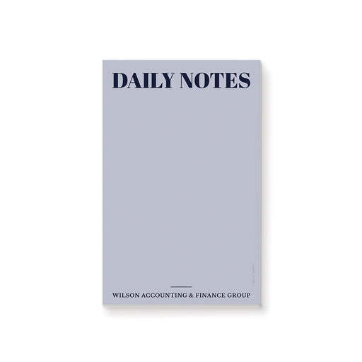 custom business notepad with Daily Notes heading, company name, navy lettering, light blue background, and blank writing space