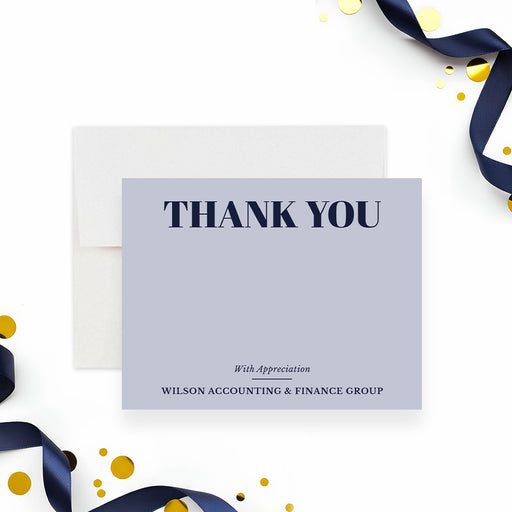 custom corporate thank you card with Thank You wording, company name, navy lettering, and business appreciation message-front