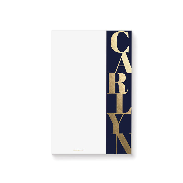 personalized navy and gold notepad with bold vertical lettering, custom name, and clean white writing space
