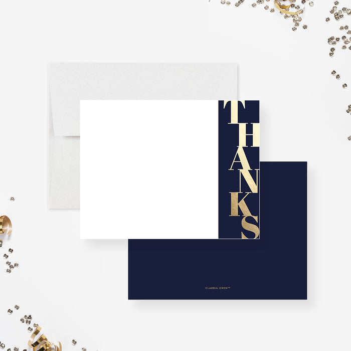 personalized navy and gold thank you card with bold vertical lettering and clean white space for corporate appreciation notes-front-back