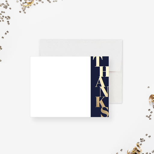 personalized navy and gold thank you card with bold vertical lettering and clean white space for corporate appreciation notes-front