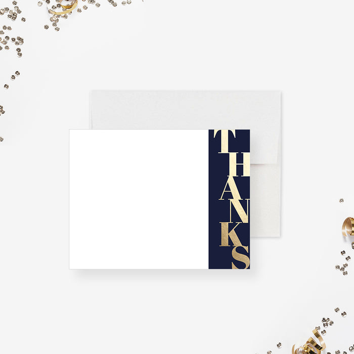 personalized navy and gold thank you card with bold vertical lettering and clean white space for corporate appreciation notes-front
