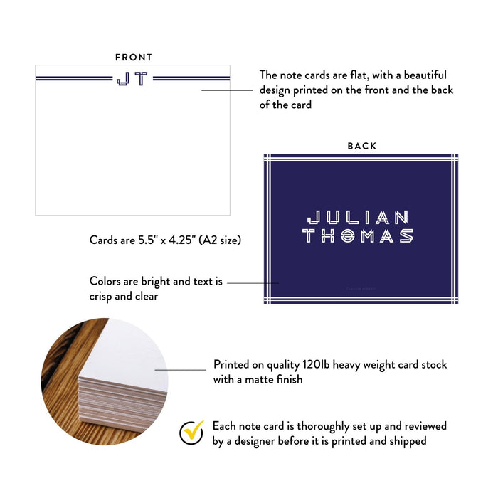 Front and back of personalized navy monogram note cards showing A2 dimensions and matte cardstock details.