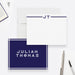Personalized navy and white note cards with initials and a line border on the writing front and a name on the navy reverse.
