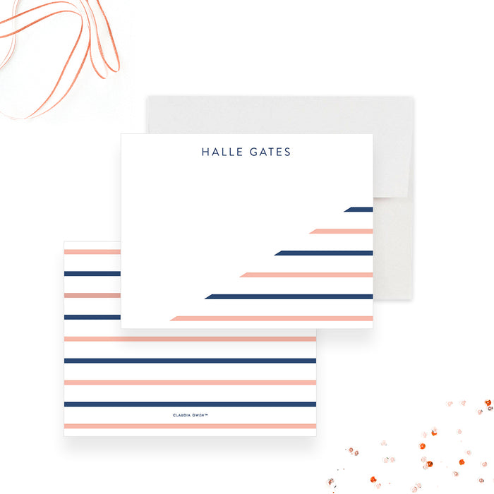 Personalized navy and peach striped note card for women with custom name and blank writing area-front-back