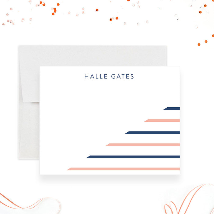 Personalized navy and peach striped note card for women with custom name and blank writing area-front