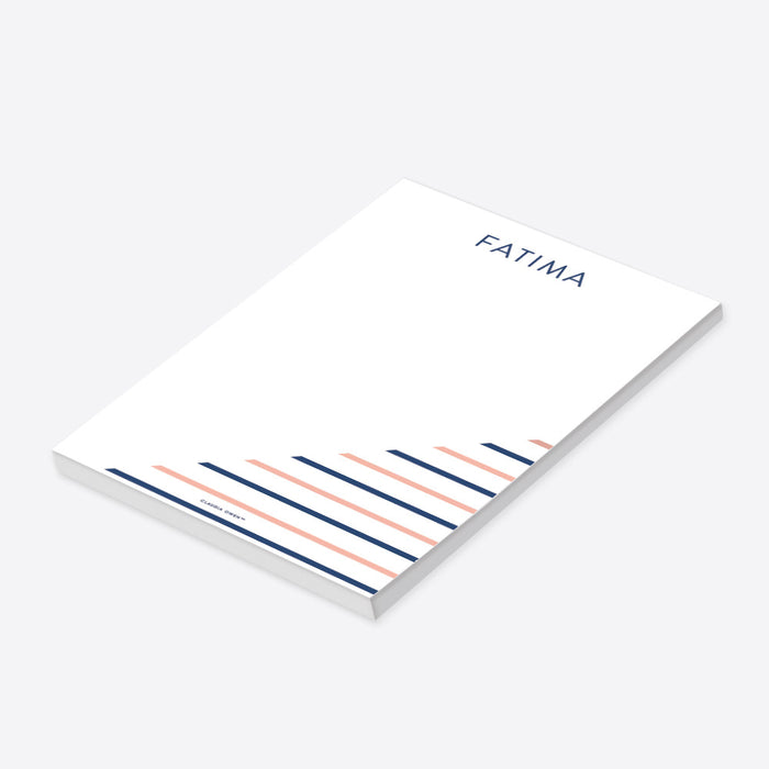 Personalized navy and peach striped notepad with custom name and a spacious blank writing area for notes and lists-side