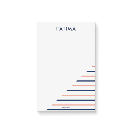 Personalized navy and peach striped notepad with custom name and a spacious blank writing area for notes and lists