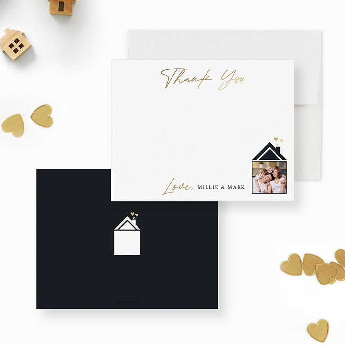 Front and back of personalized note cards with thank you wording, personalized names and couple portraits in a house illustration and a dark back with a house outline.