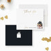 Front and back of personalized note cards with thank you wording, personalized names and couple portraits in a house illustration and a dark back with a house outline.