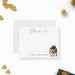 Personalized note card with thank you wording, personalized names and couple portraits in a house illustration, shown with a white envelope.