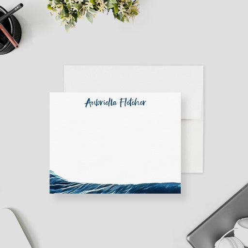 Personalized Niagara Falls note card with a blue name at the top and a blue waterfall scene along the bottom of the white front.