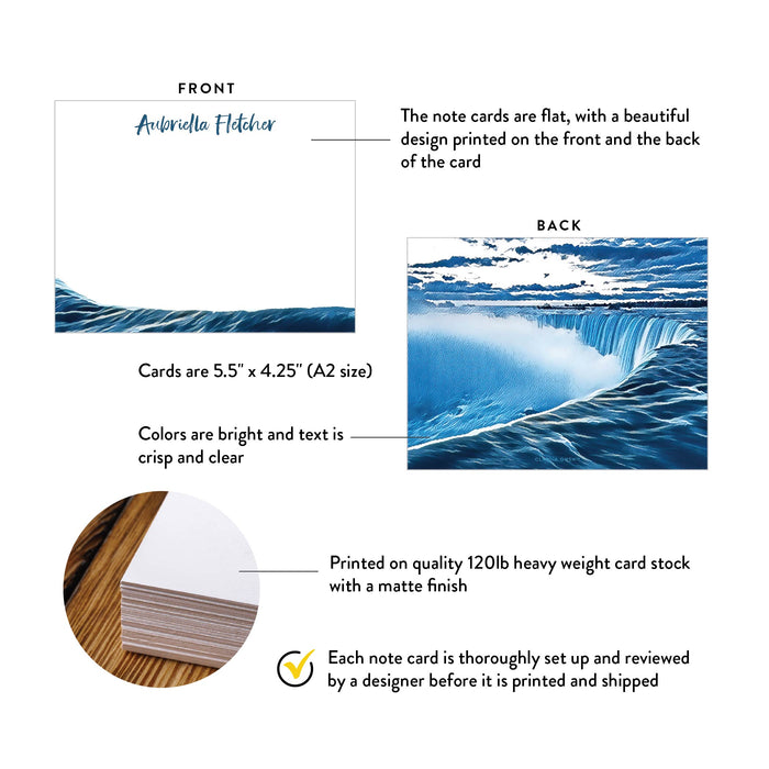 A2 note card specifications: 5.5 × 4.25 inches, double-sided printing and heavyweight 120 lb white matte cardstock.