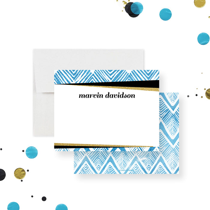Personalized blue geometric note card featuring a custom name and modern stationery design.-front-back