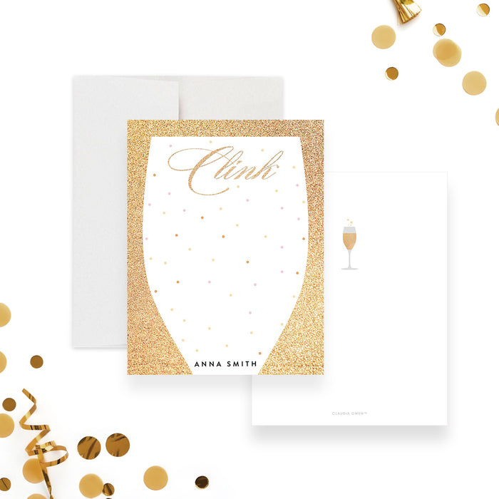 Elegant champagne celebration note card with confetti dot design and script lettering for personalized party stationery.-front-back