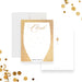 Elegant champagne celebration note card with confetti dot design and script lettering for personalized party stationery.-front-back