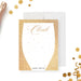 Elegant champagne celebration note card with confetti dot design and script lettering for personalized party stationery.-front