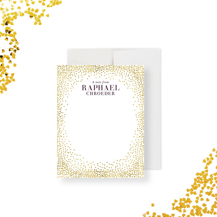 Personalized note card with a gold confetti design for elegant thank-you notes and professional stationery-front